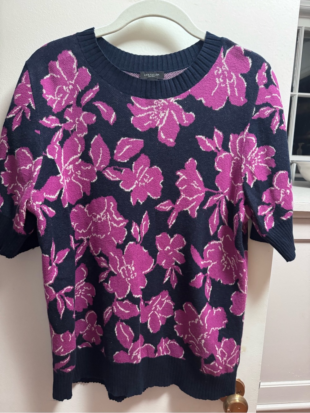 Ann Taylor Factory Navy Sweater with Magenta Floral